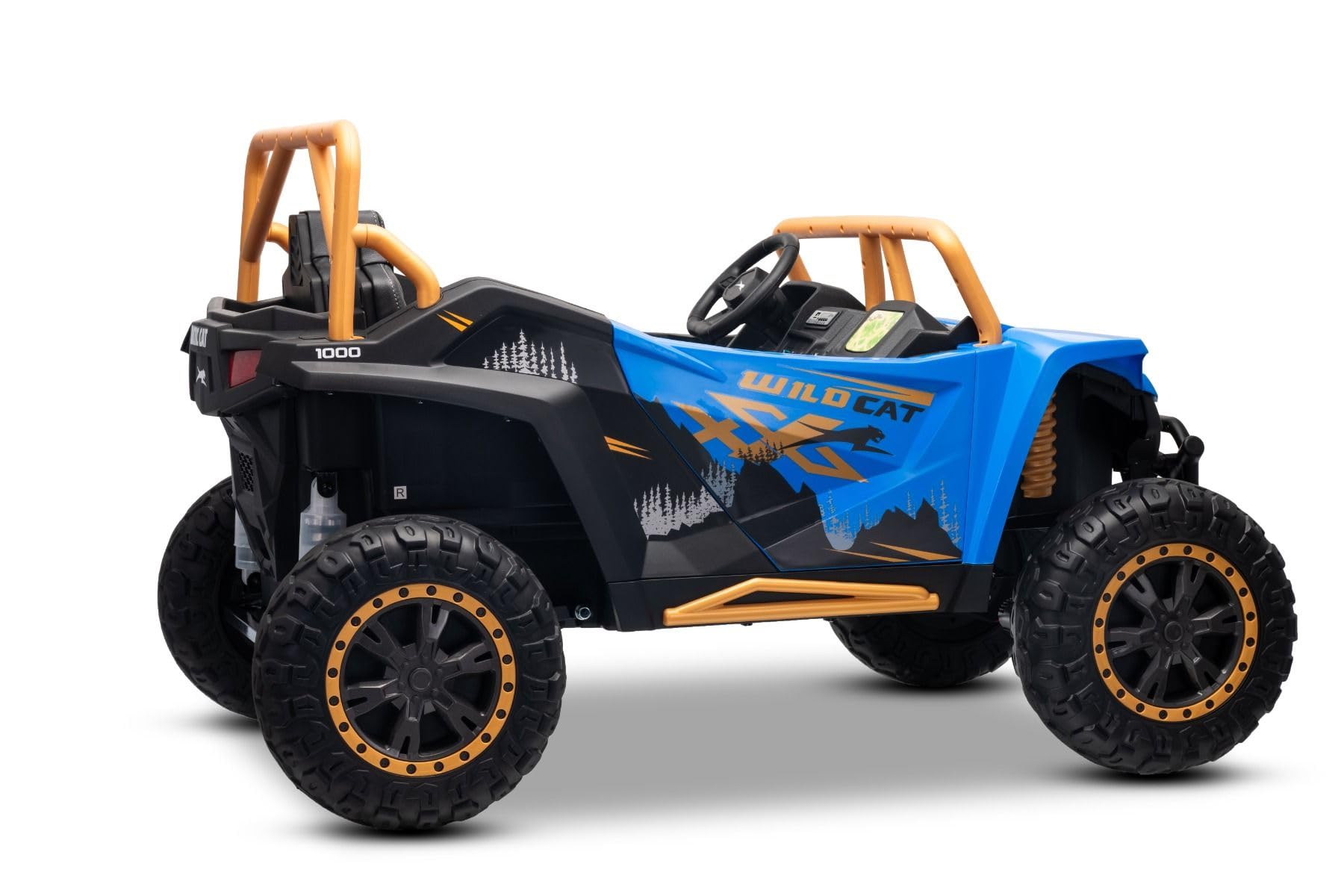 Buggy elettrico Artic CAT XXL 4x4 24V, blu, due posti, ruote in EVA morbida, motori potenti, batteria al litio, lettore MP3 con Bluetooth, sospensioni posteriori, sedili in ecopelle, con licenza