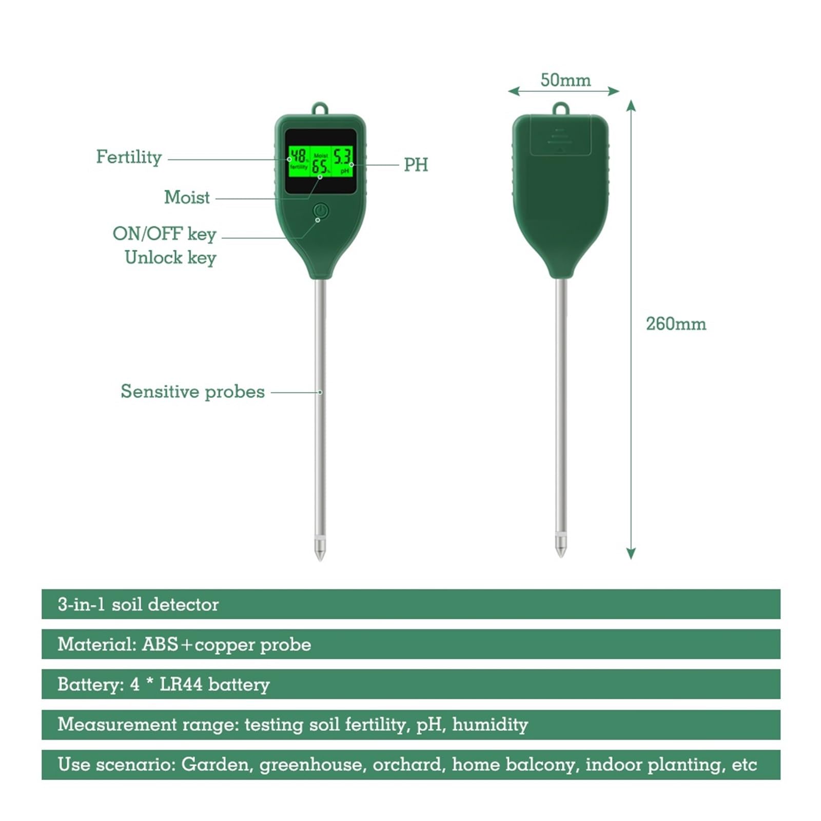 Medidor de pH del suelo 3 en 1, comprobador fertilidad for huertos agrícolas y detector humedad for plantaciones interior Agricultura y actividades al aire libre