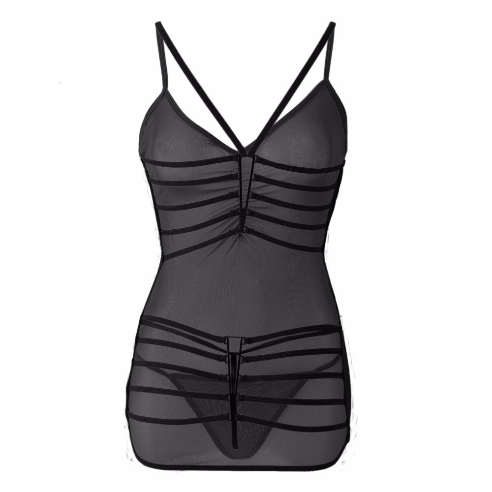 Sexy Lingerie Underwear Teddy Deep V Halter Lace Bodysuit Strappy Back Mesh Babydoll Ceinture Anchor Suit Transparent ChemisevBabydoll with G-String (XL, Black)