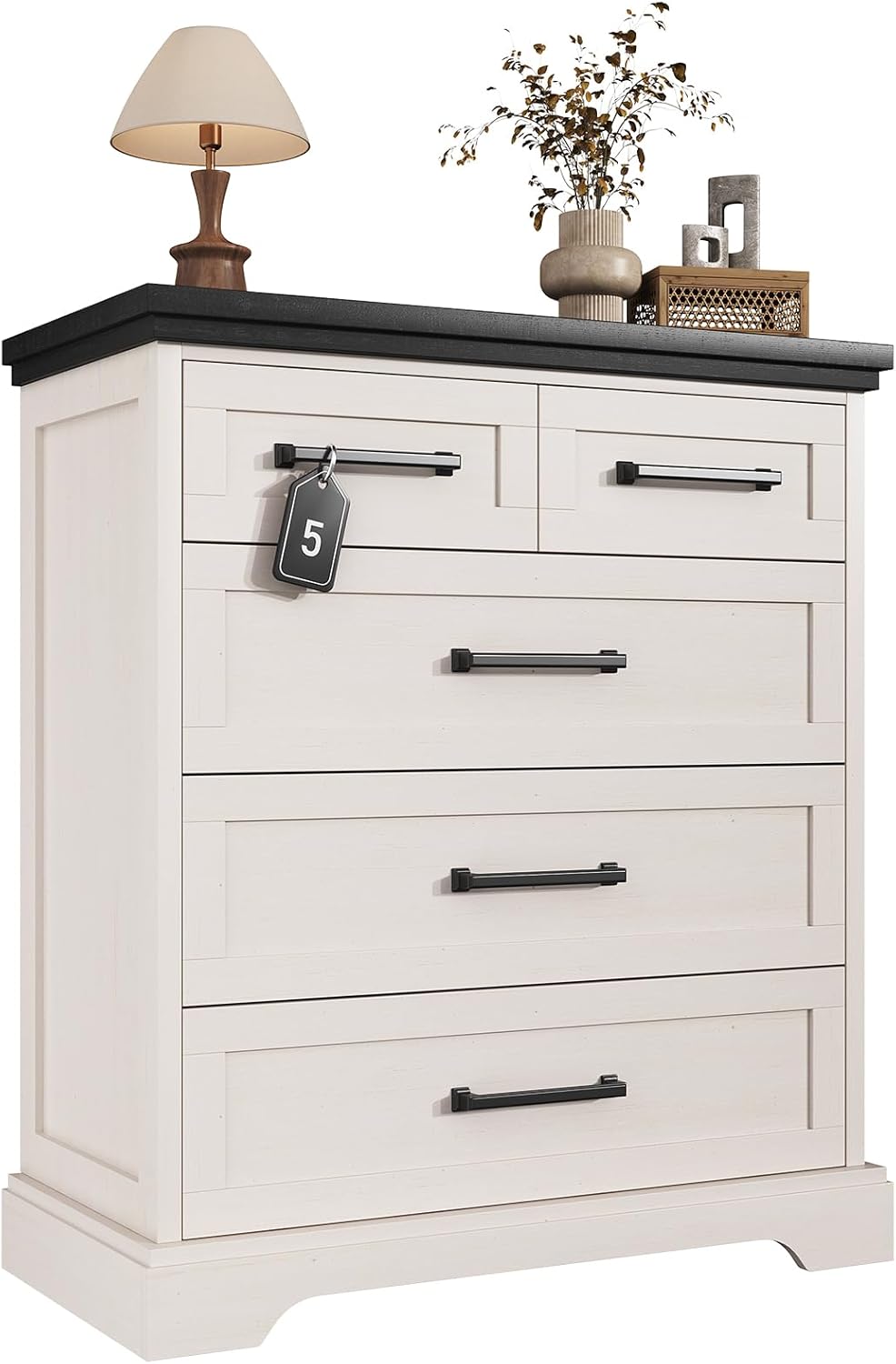 5 Drawer Dresser for Bedroom, Chest of Drawers with Modern Farmhouse Style, Wood Structure Storage Dresser with Metal Slides, Anti-Tipping Kit and Industrial Decor for Bedroom, Living Room