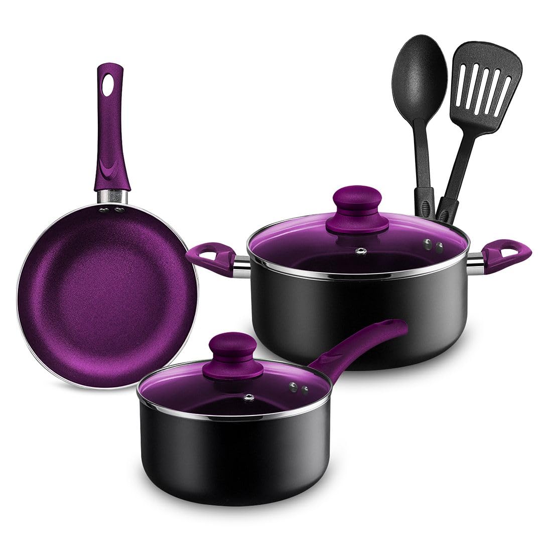 Chef's Star Pots And Pans Set Nonstick, Kitchen Cookware Sets, Aluminum Cooking Essentials 7 Pieces Purple