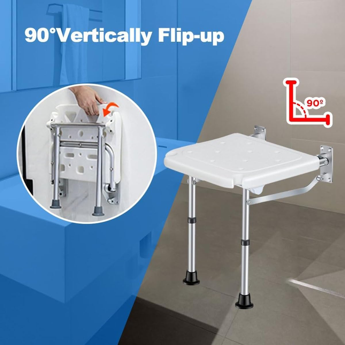 Asiento De Ducha Plegable para Baño Taburete De Ducha Montado En La Pared con Pies De Apoyo Silla Plegable Cuarto Baño Banqueta Ducha para Ancianos, Embarazadas, Discapacitados