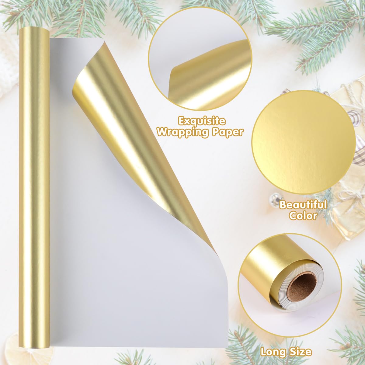 Papel de Regalo Oro, 43 cm x 10 m Papel Regalo Oro Metálico para Navidad Cumpleaños Aniversario Bodas