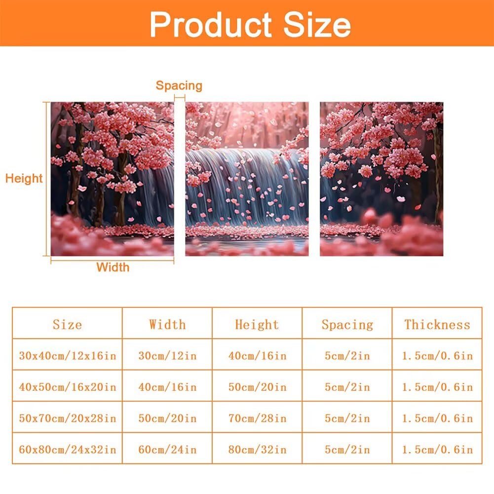 Wandbilder Blume 60x80cm, 3Pcs Leinwand Bilder Groß Wanddeko Wohnzimmer, Wasserfall Leinwand Bilder mit Rahmen, Moderne Wandbilder Wohnzimmer Poster Set mit Haken, Wand Deko Schlafzimmer Poster, -2066