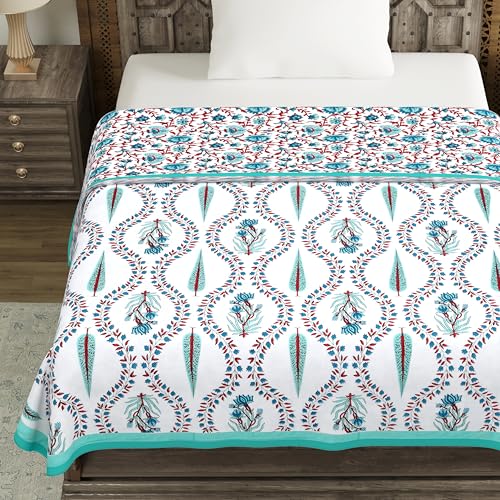 Image of BLOCKS OF INDIA Hand Block Printed Cotton Single Size Reversible Malmal Dohar for Summer (Turq Patti)