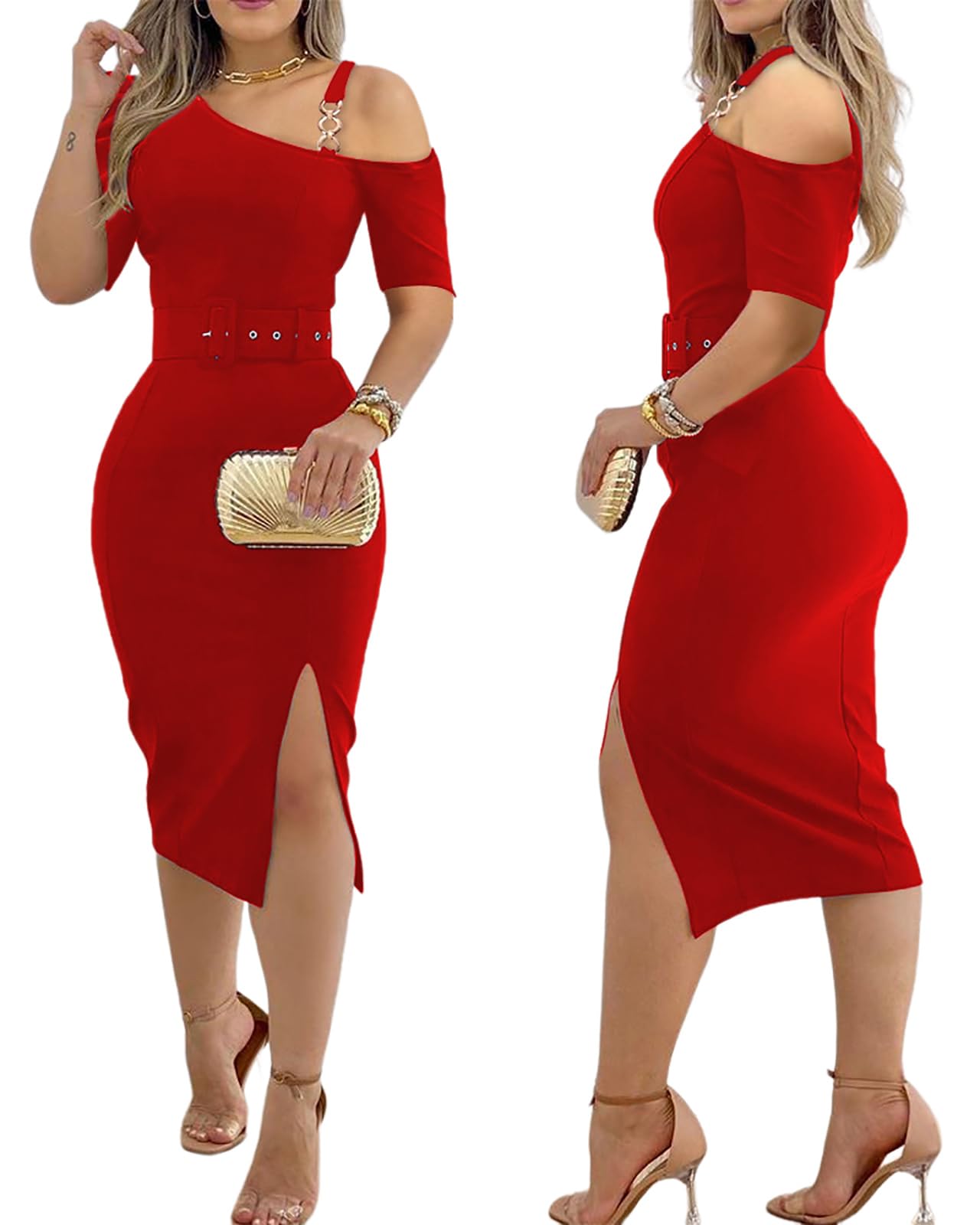 Ninimour Women Sexy One Shoulder Bodycon Dress Short Sleeve Homecoming Dress Belted Side Slit Party Cocktail Dresses
