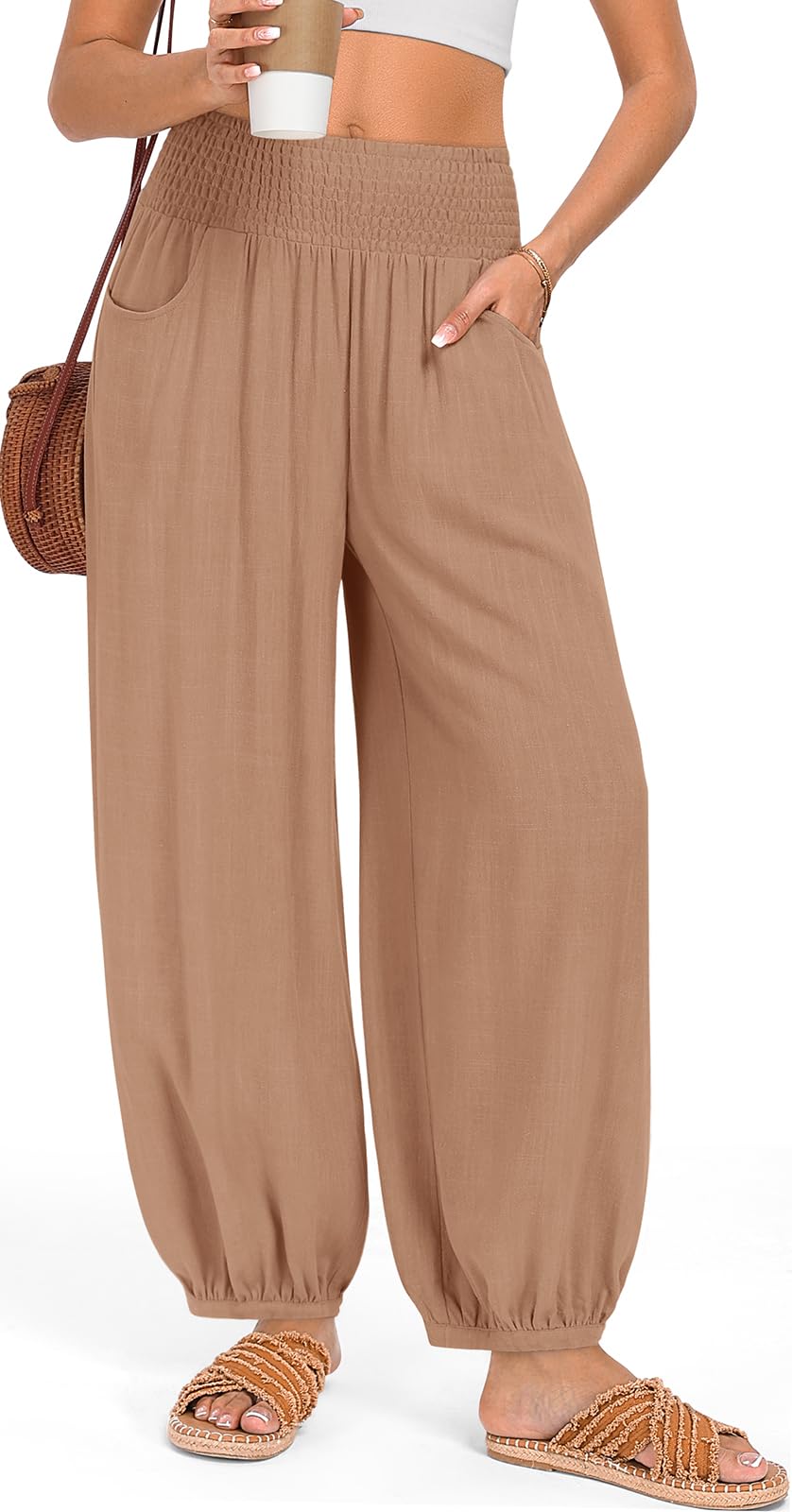 TARSE Womens Linen Wide Leg Pants Casual Loose Elastic Waisted Barrel Beach Palazzo Pants with Pockets