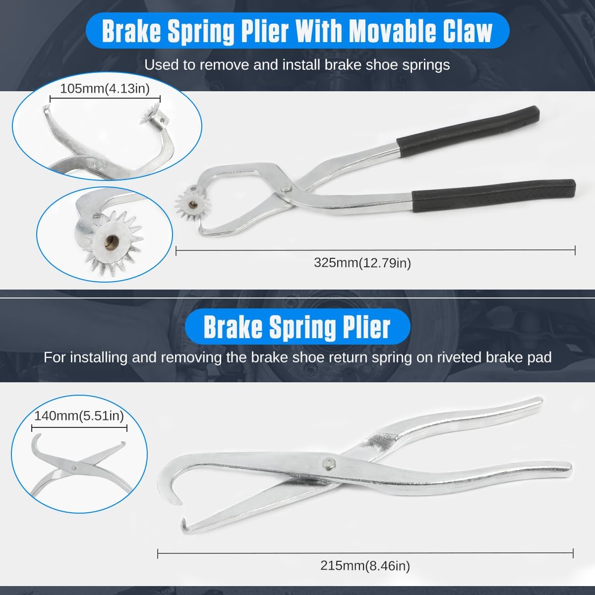 Brake Tools 15PC Drum & Disc Brake Tool Kit Labor-saving Drum Brake Spring Tool Anti-rust Brake Installer Remover Adjusting Tool with Brake Spring Pliers/Compressor/Puller, Brake Caliper Cleaning Tool