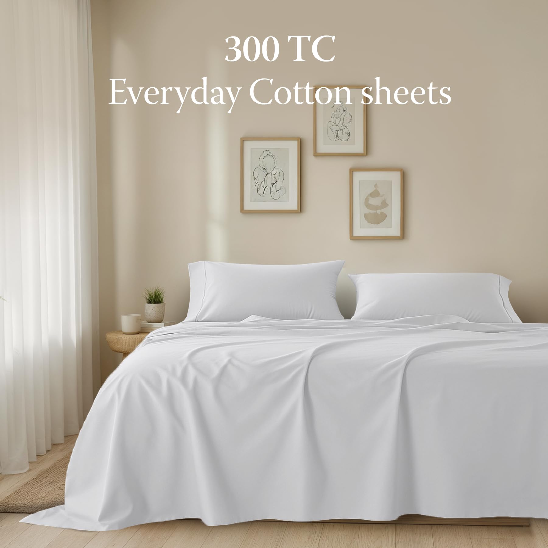 Threadmill Home Linen Queen Sheets - Juego de Ropa de Cama de 4 Piezas de 300 Hilos, Tejido de satén de algodón Puro de Fibra Larga, Color Blanco sólido con Bolsillo Profundo elástico