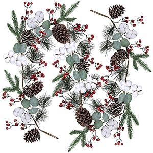 Artificial Christmas Pine Garland with Berries Pinecones Spruce Eucalyptus Leaves Cotton Balls Winter Greenery Garland for Holiday Season Mantel Fireplace Table Runner Centerpiece Decor 6 feet
