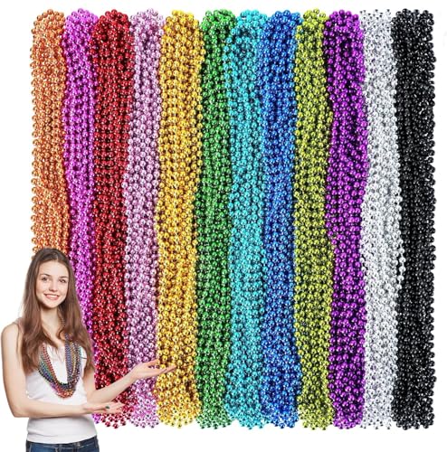 144PCS Mardi Gras Beads, 12 Colors Mardi Gras Beads Bulk, 33'' 7mm Mardi Gras Beads Necklaces, Metallic Beaded Necklaces for Party Costume Matching, Mardi Gras Parades Throw, Dress-up Events