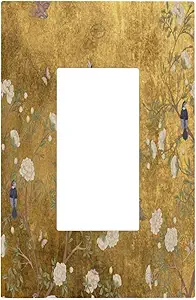 Decorative Outlet Covers Vintage White Flowers Birds on Golden Background 1 Gang Rocker Light Switch Cover Plate Single Decora Light Switch Covers Wall Plate Faceplate