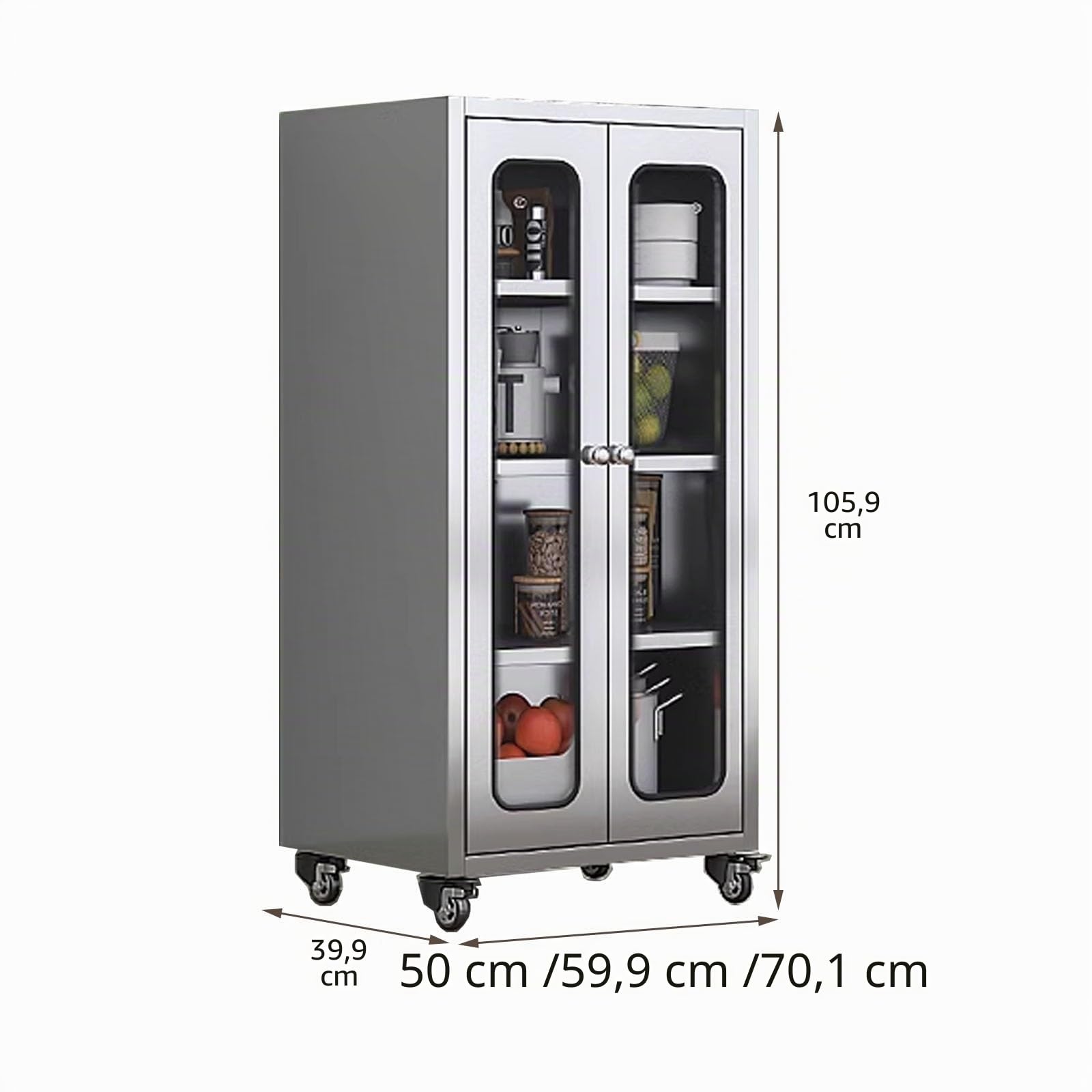 Armadio dispensa in acciaio inox con porta in vetro, ripiani regolabili e ruote per sala da pranzo, soggiorno, lavanderia, 1060 x 600 x 400 mm