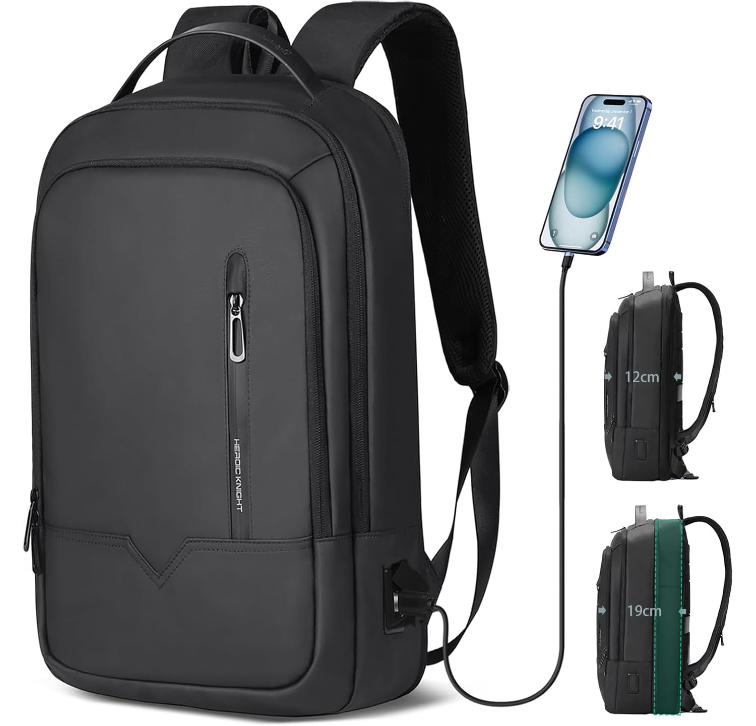 Mochila Expandible para Laptop 15.6'' con Puerto USB, Impermeable, Ligera y Antirrobo, de 18 a 25 L, Ideal para Oficina, Viajes y Escuela, para Hombres y Mujeres - Negro