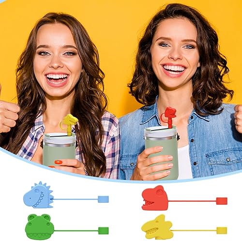 Miniatura 3 de 4 tapas de popote para Stanley de 3040 onzas, lindo dinosaurio forma de pajilla, puntas de popote de silicona reutilizables, tapones protectores