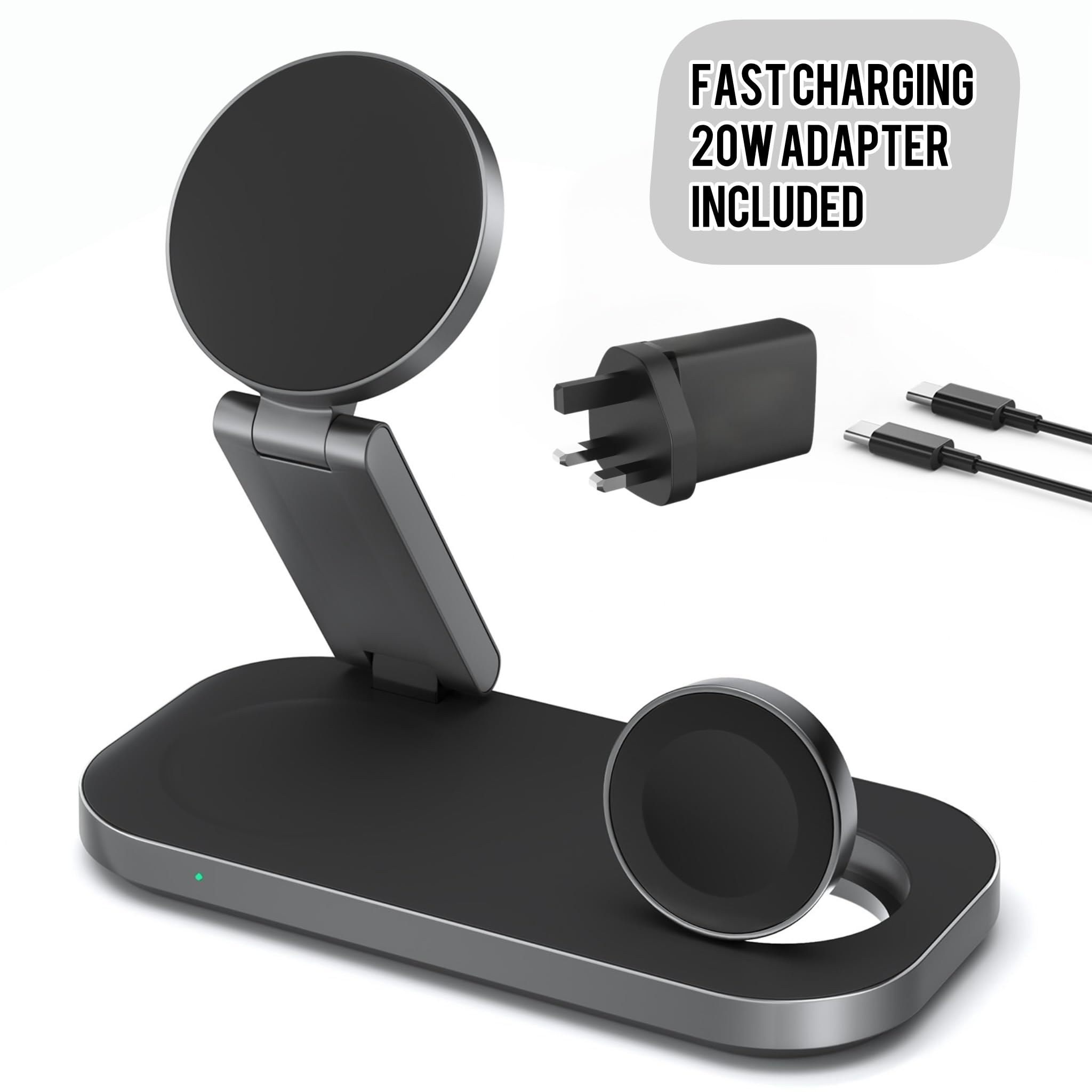 3 in 1 Wireless Charging Station - Foldable Wireless For iPhone, Apple Watch And AirPods | Travel-Ready iPhone Magsafe Charger Stand | Compact Fast Charge Stand | Adapter Included (Black) — view 3