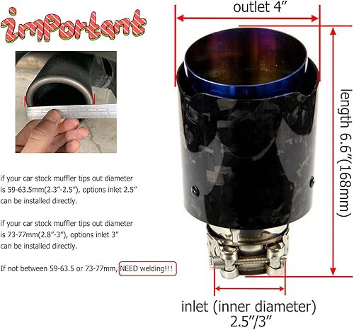 Miniatura 6 de CARMON Silenciador de tubo de escape de fibra de carbono forjada para automóvil con salida de acero inoxidable 304 de 4 pulgadas (entrada de 2.5