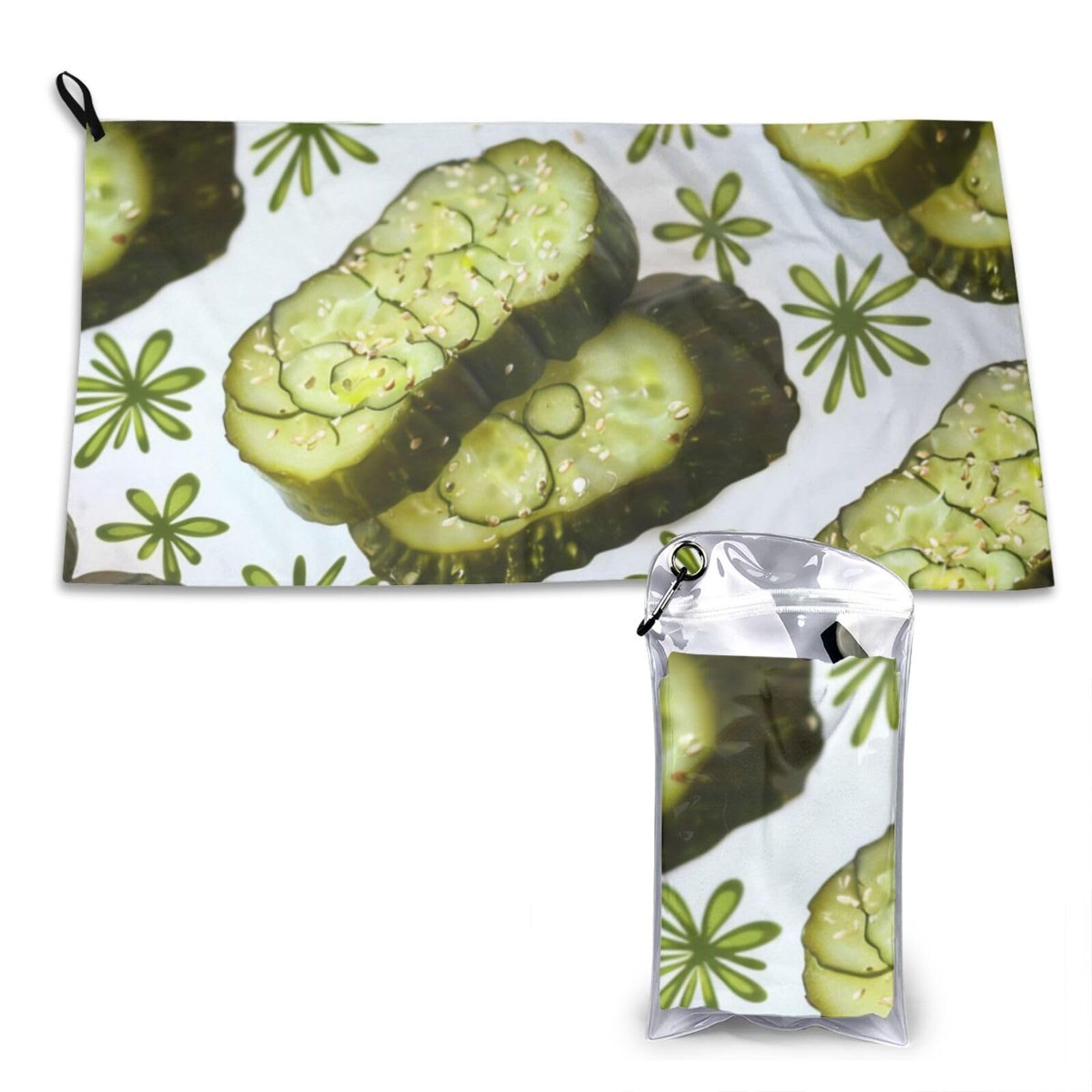 WPKJU Sushi Dill Pickles Printed Microfiber Quick Dry Towel 31.5x16in, Lightweight & Compact with PVC Pouch & Carabiner - for Beach, Camping, Gym, Travel & Home Use