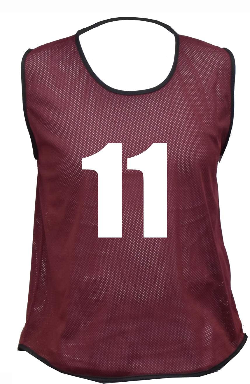 10 MESH BIBS FOOTBALL TRAINING SPORTS BIBS NUMBERED (2-11 OR number of your choice) Front/Back OR Front & Back (Maroon (Front Only), Small Boys (U 8's))