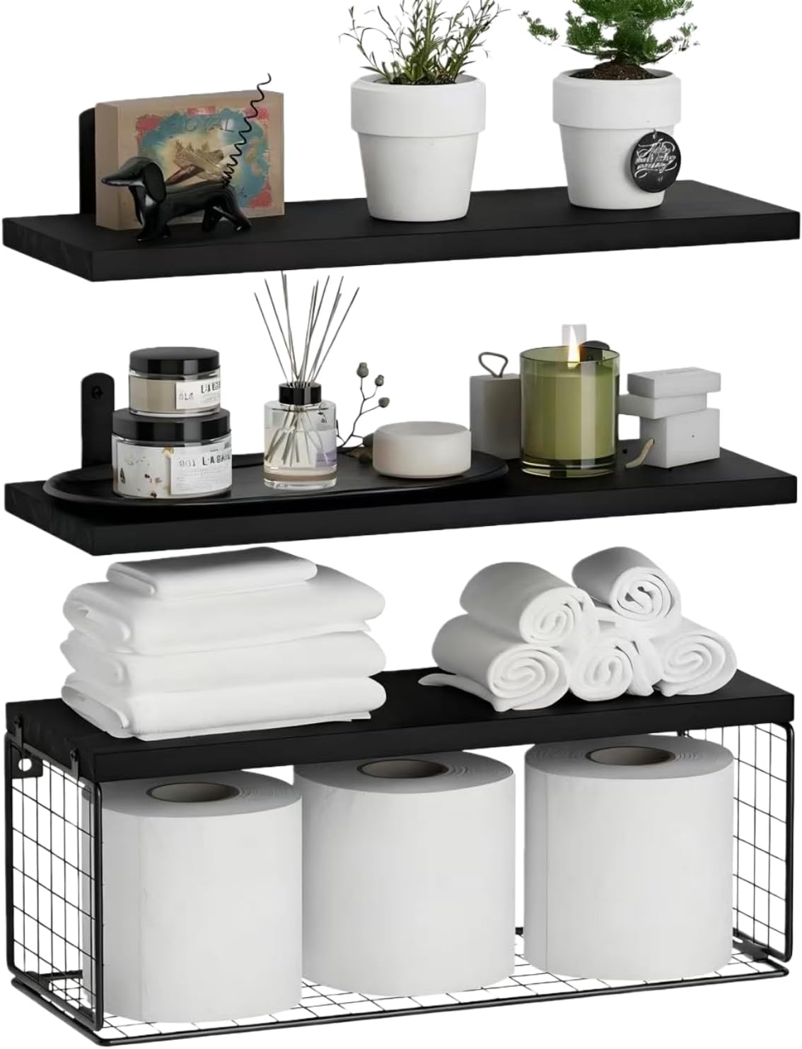 Bathroom Shelves Over Toilet, Set of 3 Wall Mounted Floating Shelves with Storage Basket Rustic Wood Shelf for Home Organization, Wall Decor for Bathroom, Kitchen, Living Room. (Black)