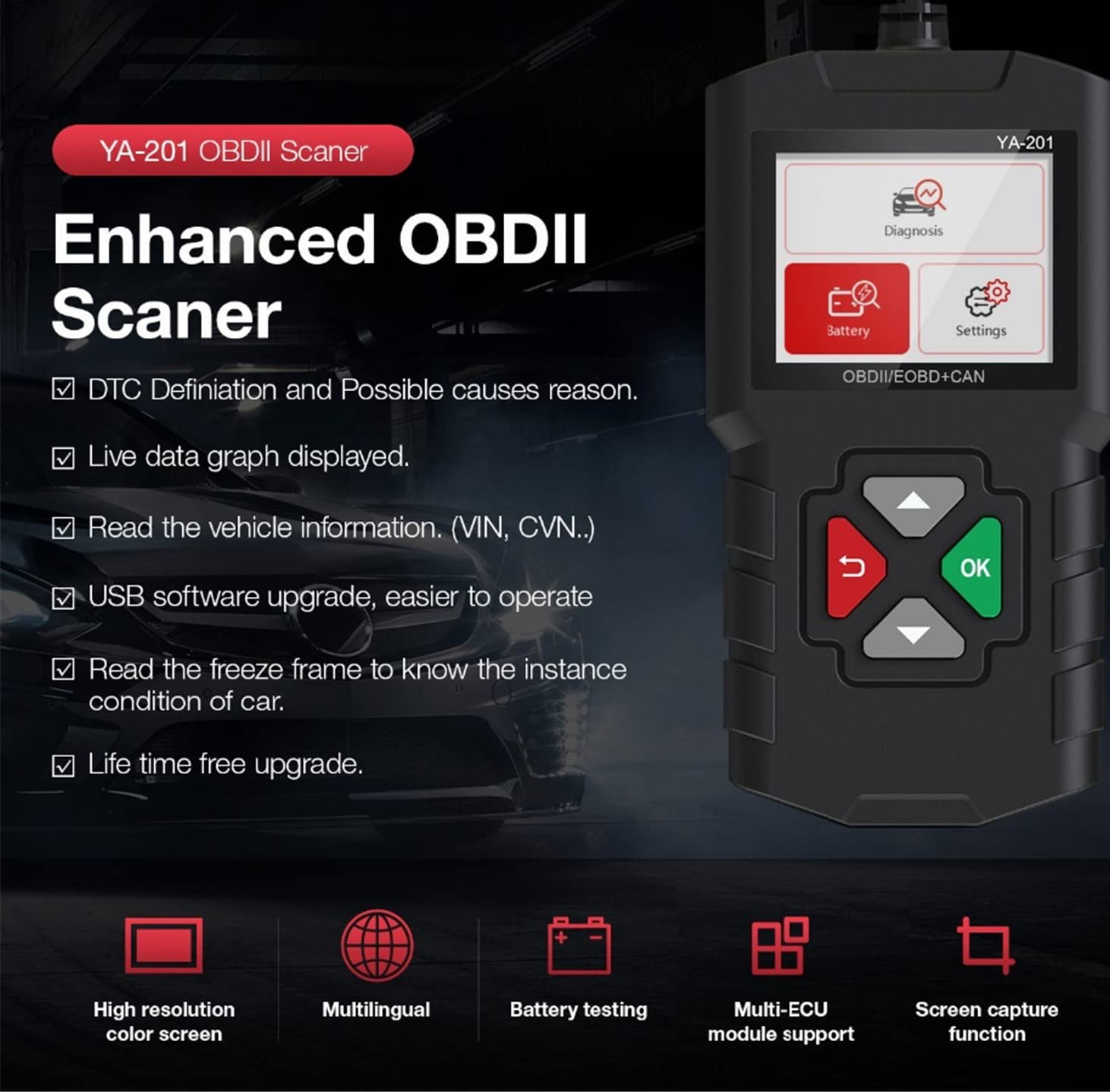 Lecteur De Code OBD2 Scanner Automobile Professionnel Multilingue pour Outils De Diagnostic De Moteur De Voiture YA201