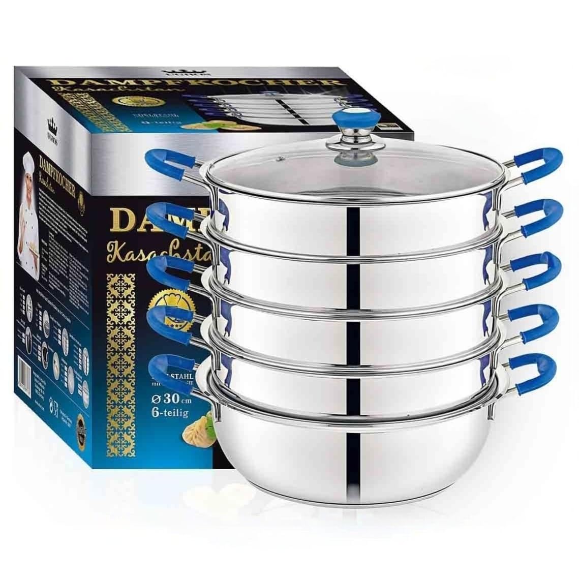 Dampfkocher "Kasachstan" Edelstahl 6-teilig – Mantykocher - Asia Serie – Hochwertiger Dampfgarer für alle Herdarten (Induktion, Gas, Elektro) – Spülmaschinengeeignet (30 cm)