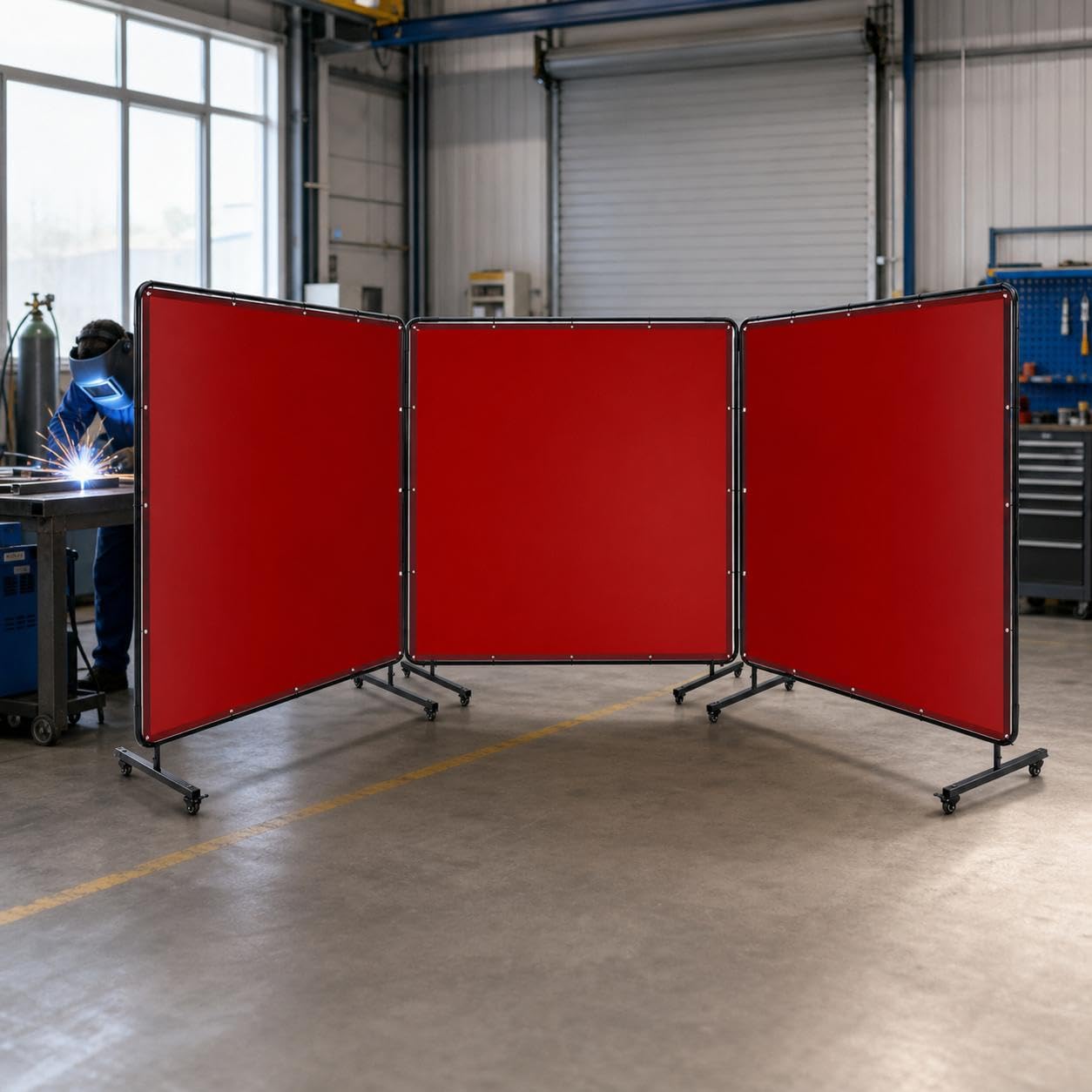 3 Panel Welding Screen, Heavy Duty Mobile Welding Curtain with Frame-1.8x1.8m