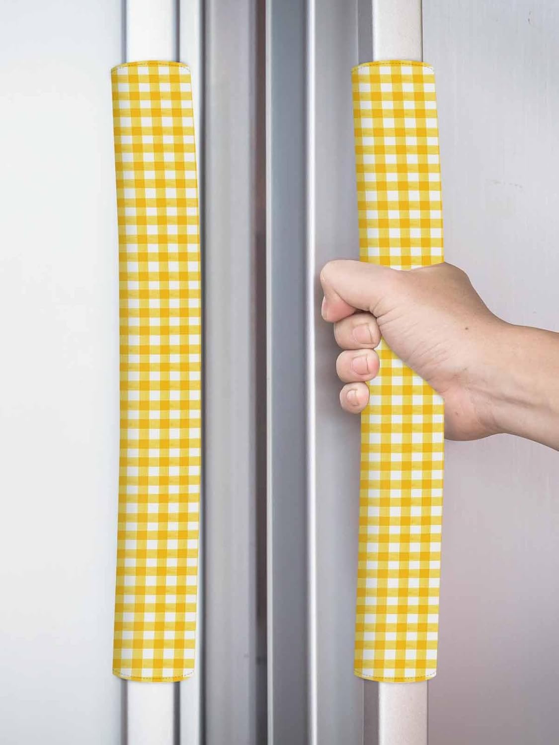 Yellow Checkered Refrigerator Door Handle Covers Set of 2, Farmhouse Classic Protective Kitchen Appliance Glove Refrigerator Knob Protector for Fridge Microwave Oven 5.5 x 13 inch
