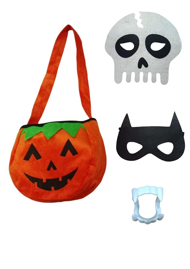 BookMyCostume Halloween Accessories Combo- Pumpkin Trick & Treat Candy Cloth Basket with Dracula teeth & Skeleton Scary Halloween mask & Black Superhero Mask Fancy Dress Pack of 4 Accessories