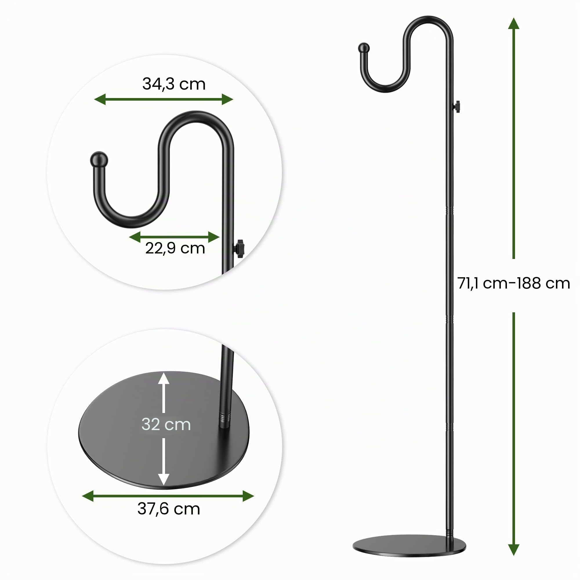 saffruff 188 cm Crochet de berger Réglable en hauteur Crochet métallique autonome Base pour mangeoires à oiseaux, pots de fleurs, carillons éoliens, lanternes, décorations de mariage