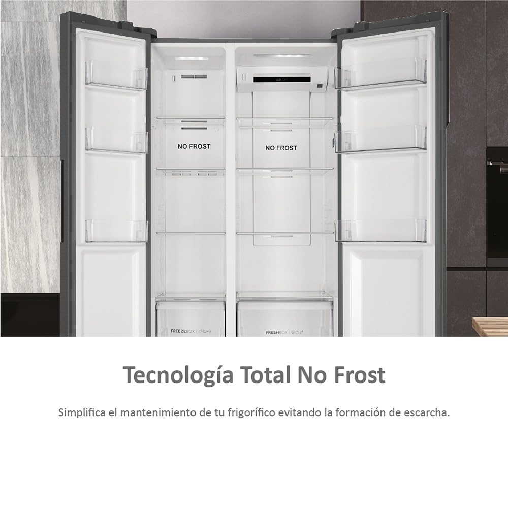 Haier SBS 90 Series 3 HSR3918ENPG - Frigorífico Side by Side, Americano, Apertura 90 grados, Tecnología Antibacterias, Capacidad XXL 528 L, Total No Frost, Clase E, Inox, Gris, 177,5 x 90,8 x 64,7 cm