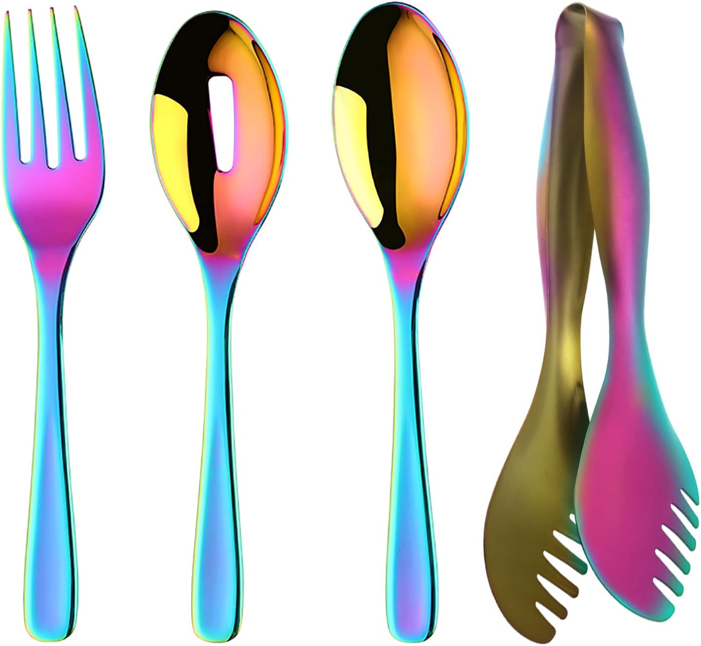 MINGYU Stainless Steel Serving Spoons Set of 4 - Large 10-in Serving Spoon & Slotted Spoon & Serving Fork & Tong for Catering Banquet Buffet Serving Utensils, Dishwasher Safe (Rainbow), (C124US)