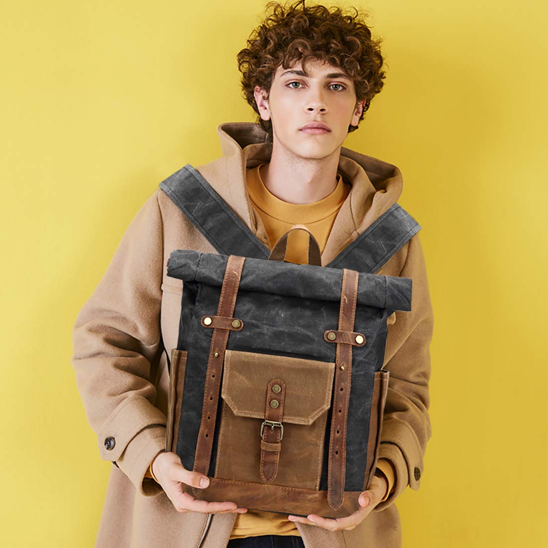 FANDARE Moda Borsa scuola Viaggio Zaino Uomo 15.6 pollici Daypack Outdoor Campeggio Grande Capacity Rucksack Tela, nero, L, Zaino per il tempo libero