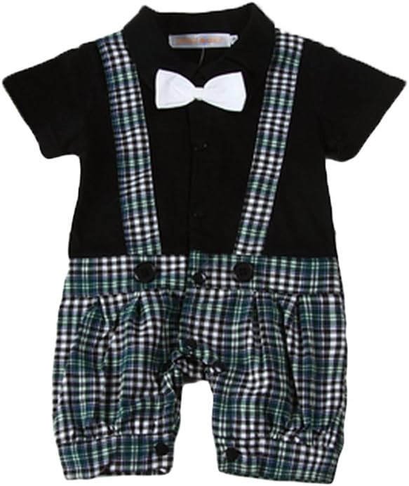 6-24m Baby Boys Bowtie Tuxedo Plaid Romper Onesie Wedding (80/6-12M, Black)