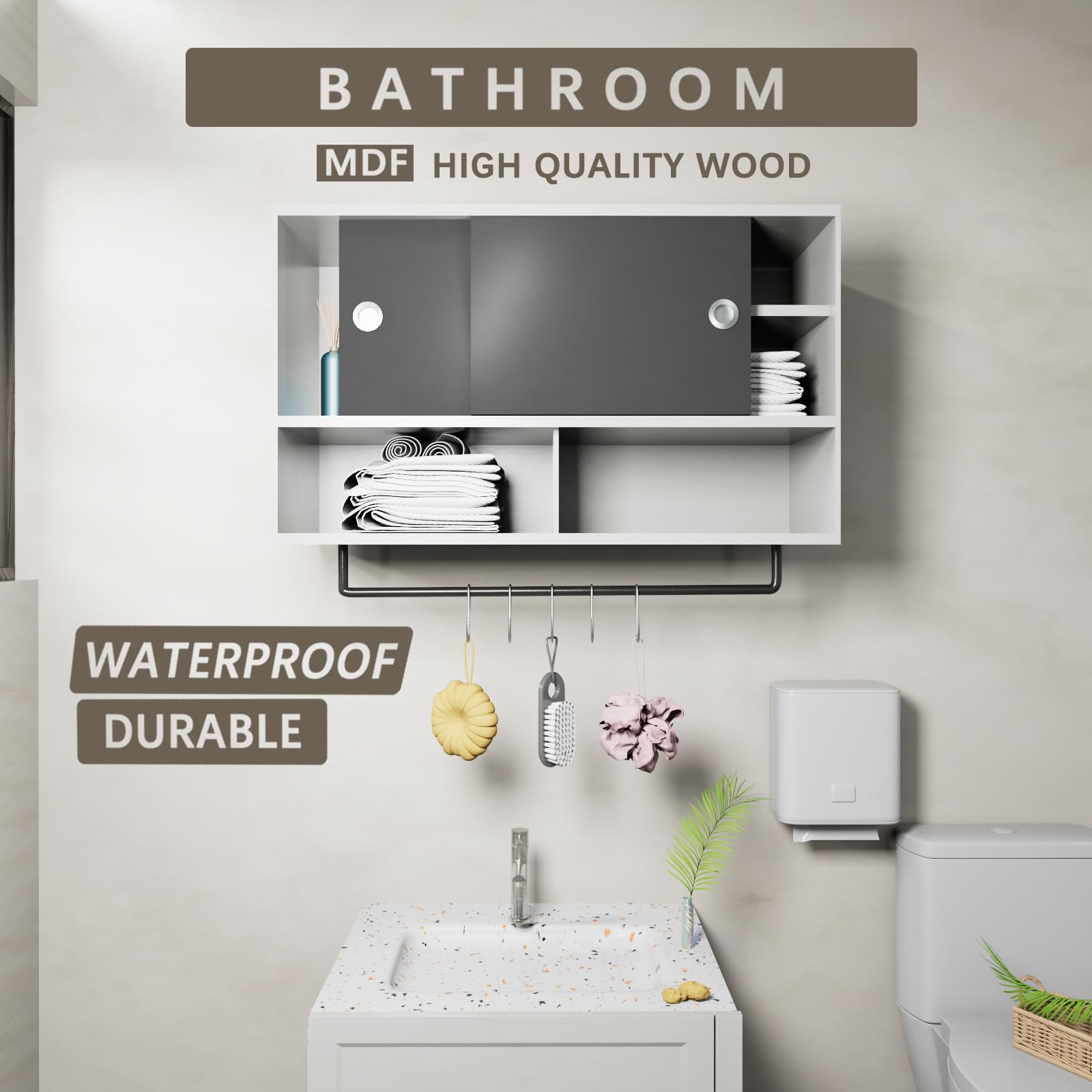 Ceredeme Bathroom Wall Storage Cabinet with Towel Bar, Medicine Cabinets with 2 Sliding Door, Kitchen Dinnerware Wall Cabinet, Additional Open Storage Space