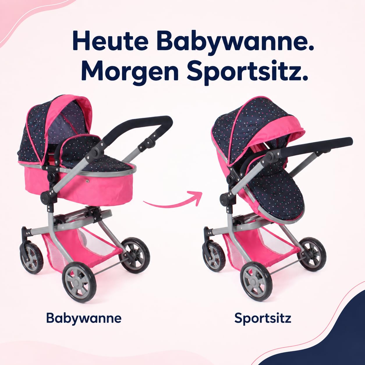 Bayer Chic 2000 - Wózek dla lalek Mika 2 w 1, wózek dla lalek kombi dla dzieci w wieku od 4 do 8 lat, wózek dziecięcy dla lalek do 52 cm, różowe konfetti