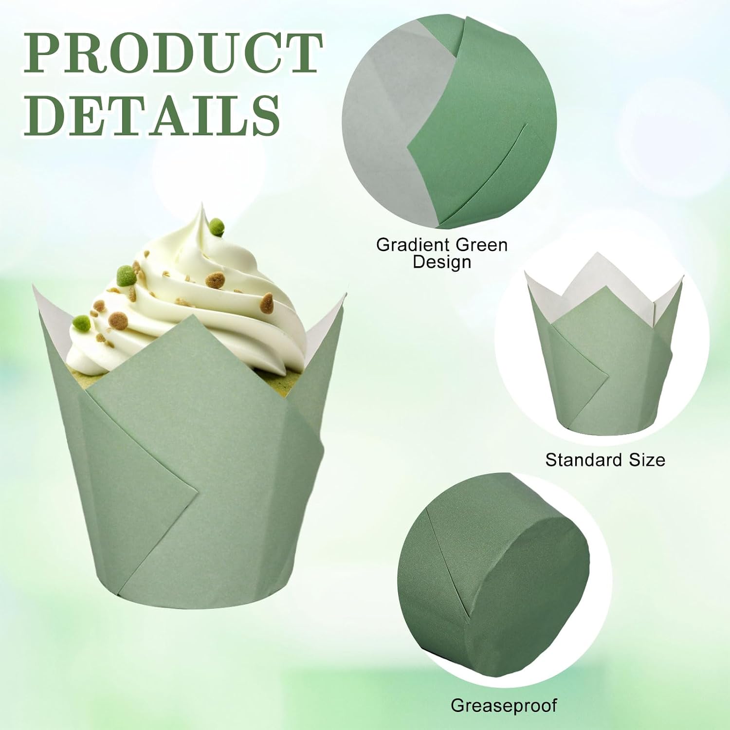 Whaline 400Pcs Sage Green Tulip Cupcake Liners Greaseproof Muffin Baking Liners Green Gradient Tulip Cupcake Wrappers Baking Cup for Bridal Baby Shower Wedding Birthday Party Decor