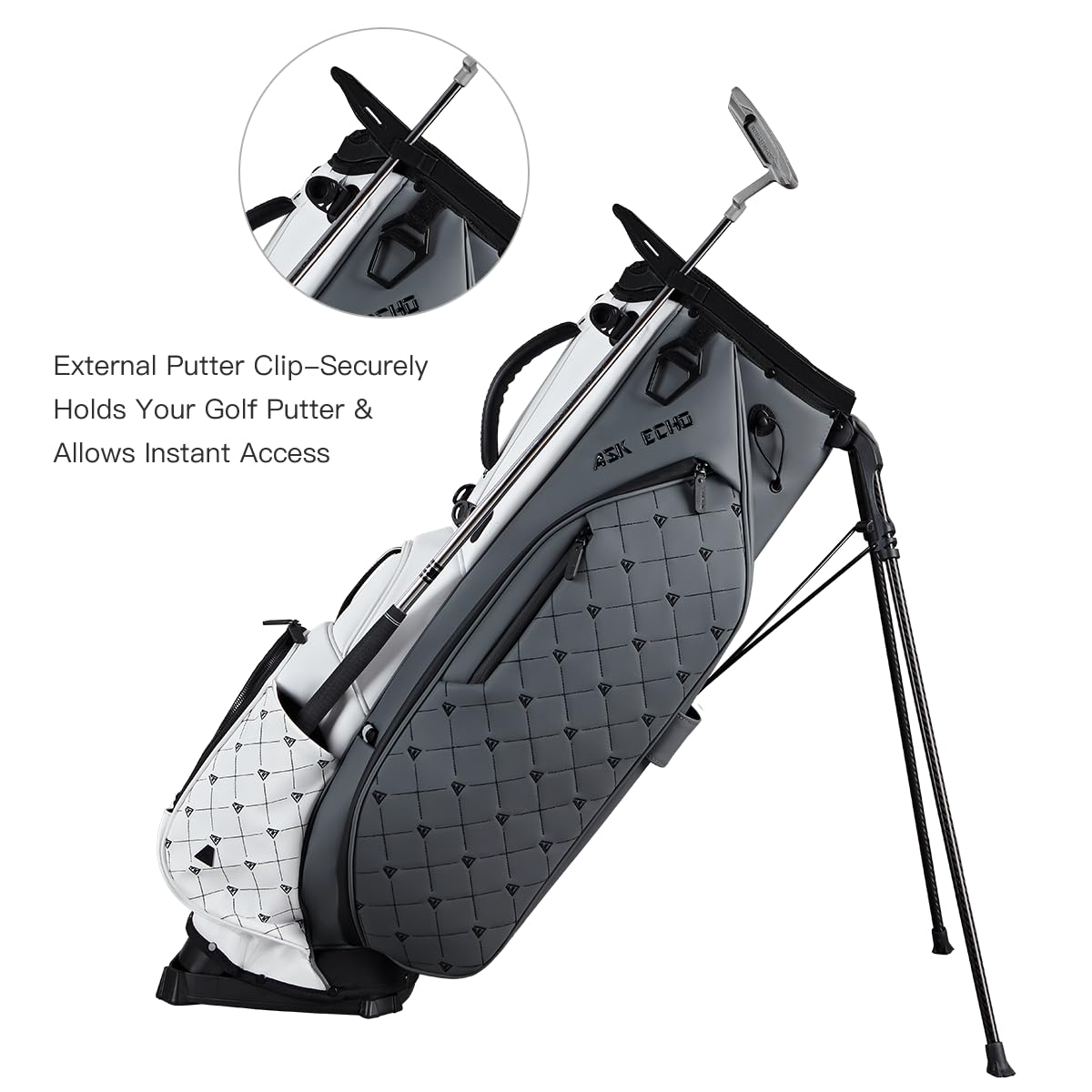 ASK ECHO Golf Prestige-14 Way Full Length Hybrid Stand Bag – Premium Leather, External Putter Clip (Grey White)