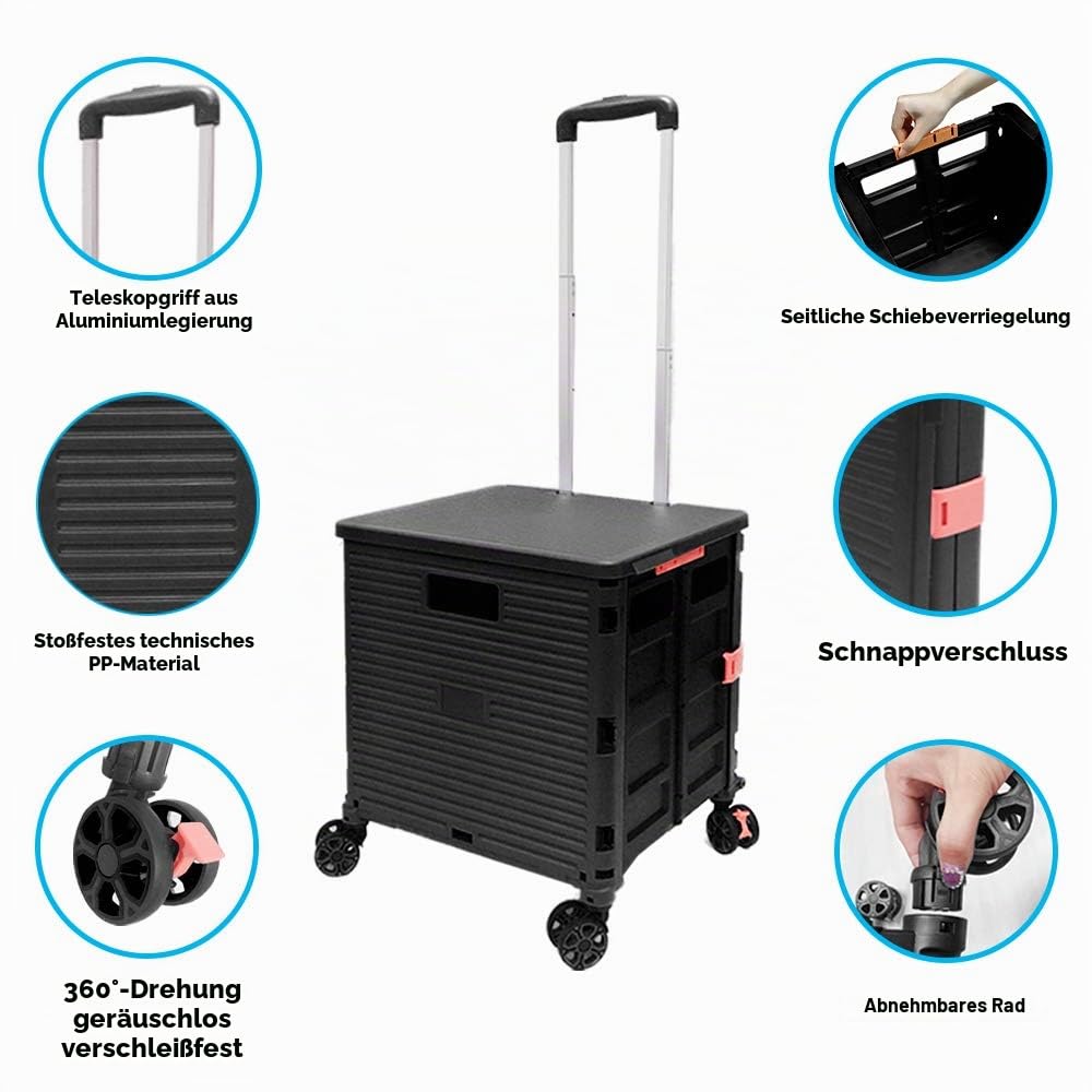 Faltbare Einkaufstrolley-Box auf Rädern mit Deckel, verschleißfester, geräuschloser 360 ° -Drehung und verstellbarem Kofferraumwagen aus Aluminiumlegierung, Tragkraft 45 kg Tragbarer langlebiger