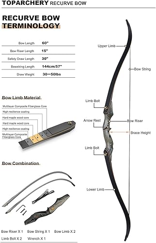Miniatura 2 de TOPARCHERY Arco recurvo de tiro con arco de 60 pulgadas, arco de caza y flecha, juego de arco y flecha para adultos, práctica de competencia,