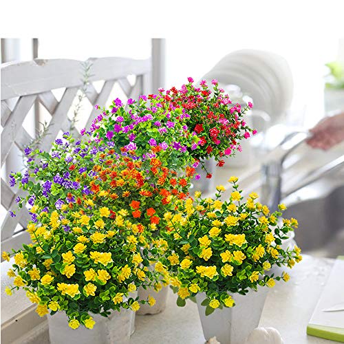 Grunyia 10 Bundles Artificial Fake Flowers, Faux Outdoor Plastic Plants Uv Resistant Shrubs Outside Indoor Decorations (Yellow-Eucalyptus) #TOP3
