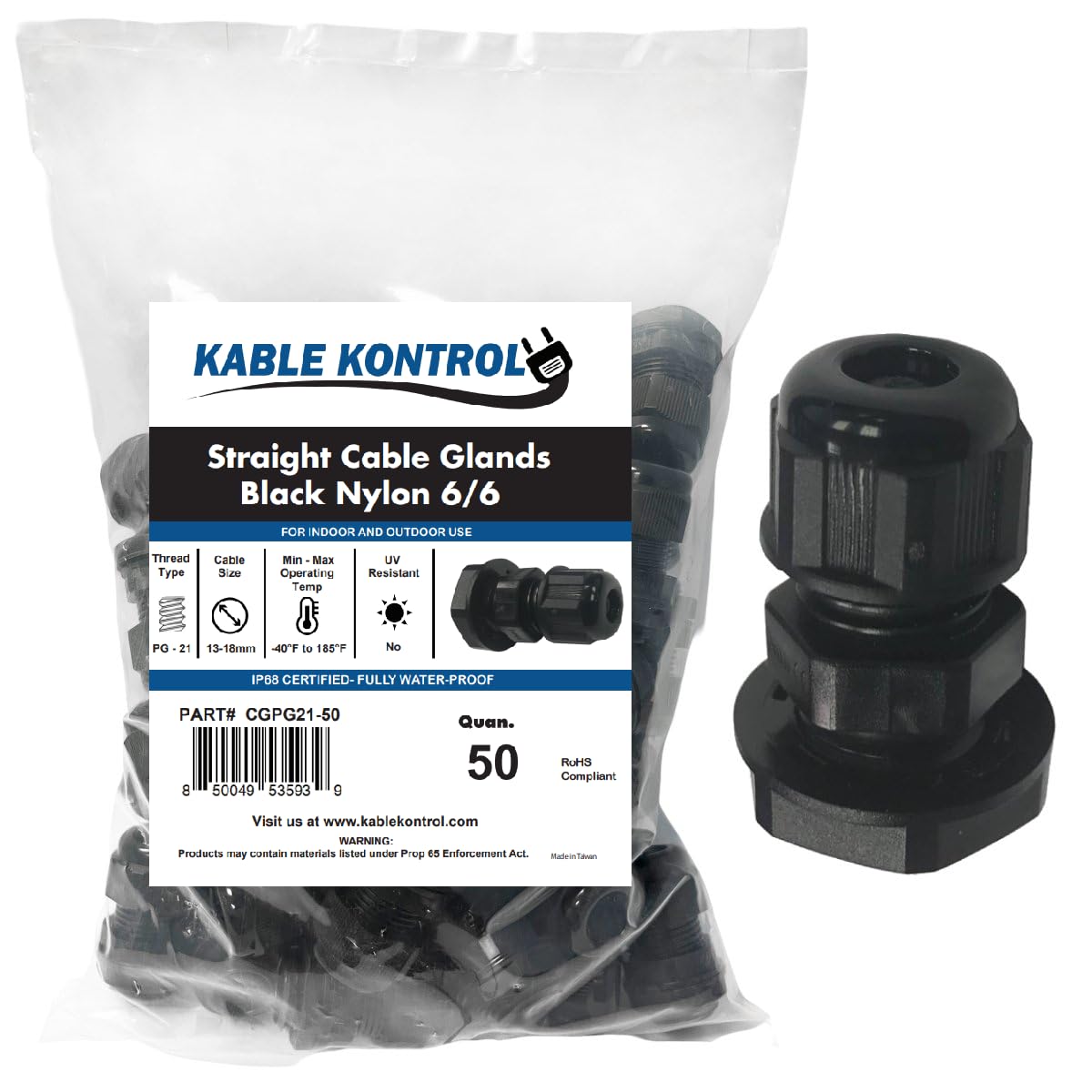 Kable Kontrol Prensaestopas de nailon para prensaestopas rectas de tamaño de cable de 13 a 18 mm, 21 PG, 50 unidades, alivio de tensión, protectores de alambre de junta impermeables para uso