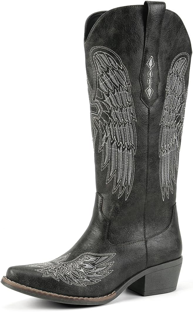 Women's Western Cowboy Boots - Black Gothic Cross & Angel Wing Embroidered Mid Calf Boots, Y2K Vintage Pointed Toe Biker Cowgirl Boots for Concert Festival