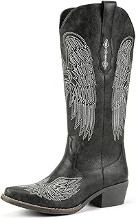 Women's Western Cowboy Boots - Black Gothic Cross & Angel Wing Embroidered Mid Calf Boots, Y2K Vintage Pointed Toe Biker Cowgirl Boots for Concert Festival