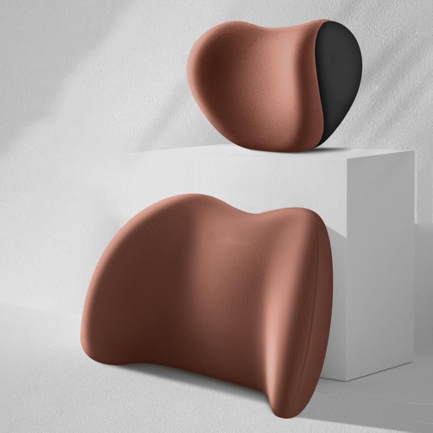 ANTOLE Car Pillow Neck & Back Pillow Set,Neck & Lumbar Support Pillow for Chair,Car Seat,Wheelchair,Gaming,Office Chair,Enhanced Comfort Memory Foam Headrest & Back Cushion,Brown