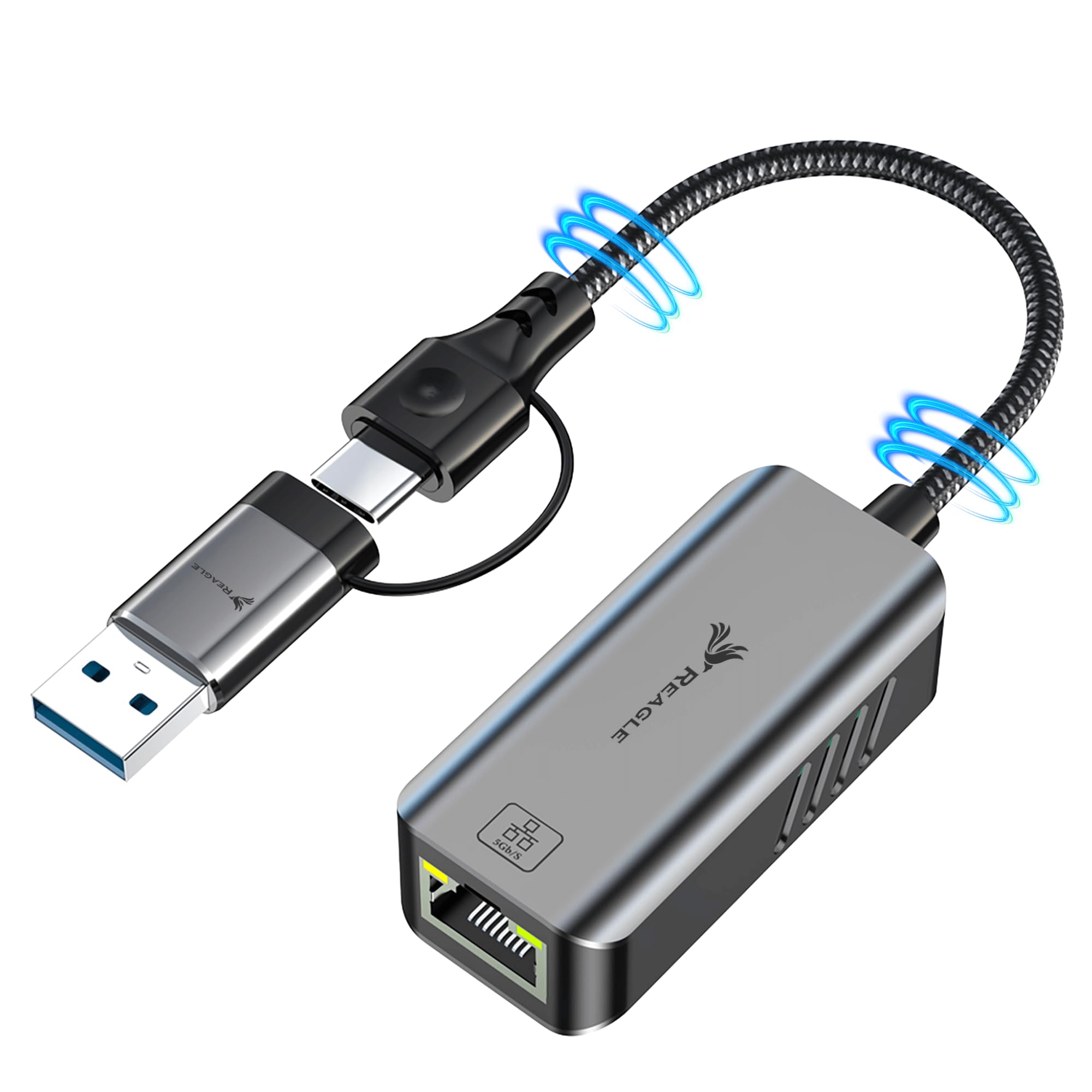 Reagle Adaptateur USB-A USB-C 3.2 vers RJ-45 Ethernet - 5000 Mbps, boîtier en aluminium, affichage LED, Plug & Play, compatible avec Windows & Mac OS, Android, Linux