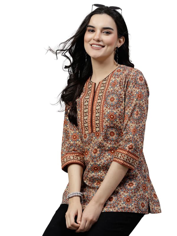 Women’s Ethnic Printed Rayon Short Kurta | Stylish Round Neck V-Slit Straight Kurti | Comfortable, Office & Casual Kurta for Jeans, Leggings & Trousers