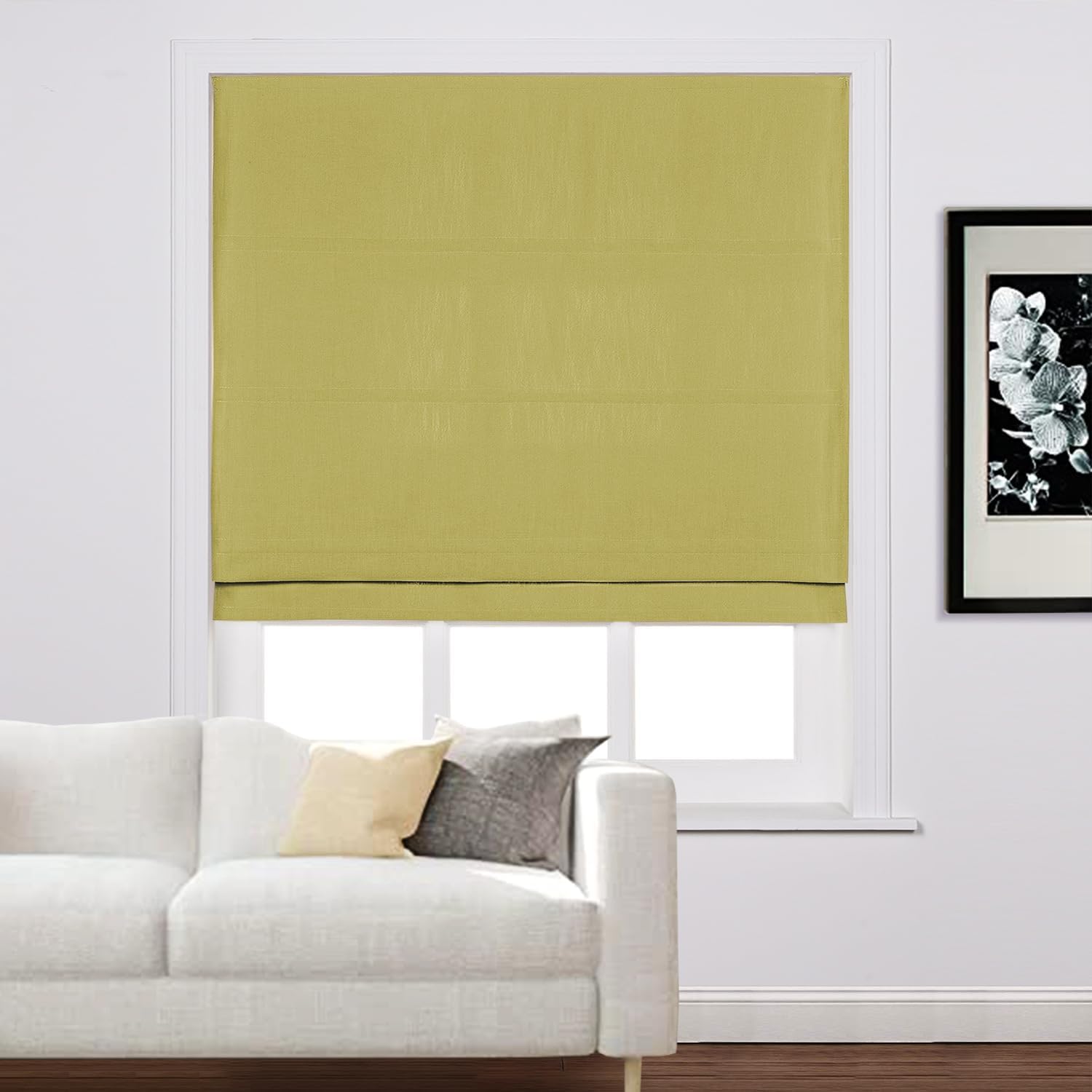 ChadMade Cordless Roman Shades Customized Linen Textured Roman Blinds for Windows French Door, Fabric Privacy Blackout Room Darkening, Install Hardware Included, 20 Apple Green, Cary Collection