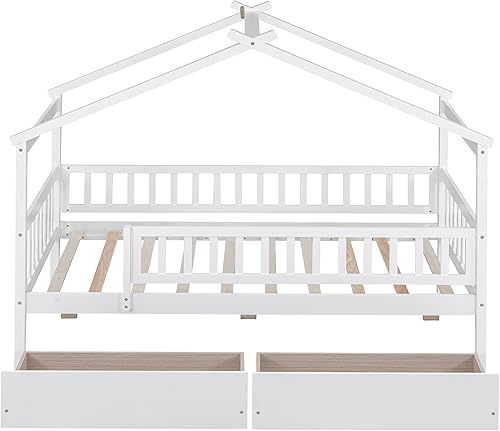 Miniatura 5 de Cama de casa con almacenamiento para vallas, camas de estilo Montessori de tamaño individual con barandillas y 2 cajones, marco de cama de madera