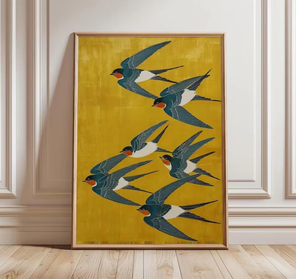 MAIMANG Obraz ścienny z motywem jaskółek – minimalistyczna sztuka ptaków do salonu i wejścia (60 x 90 cm/bez ramki)